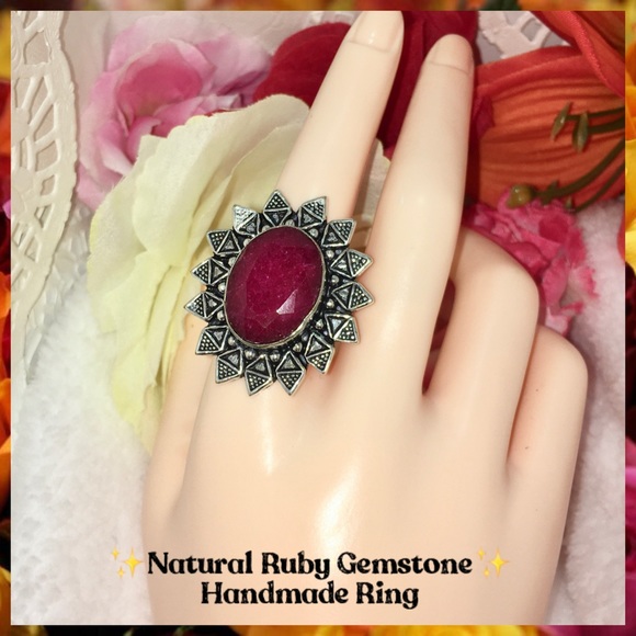 Handmade Natural Ruby Gemstone Ring Jewelry - Natural Ruby Gemstone Handmade Cocktail Halo Ring